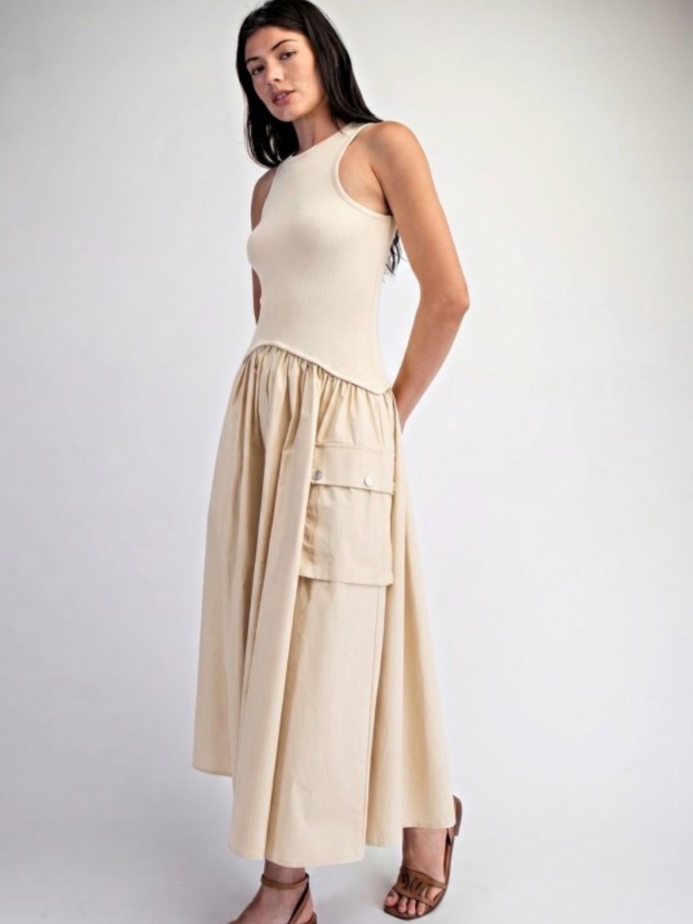 A743. Neutral Cream Maxi Dress with Side Pocket